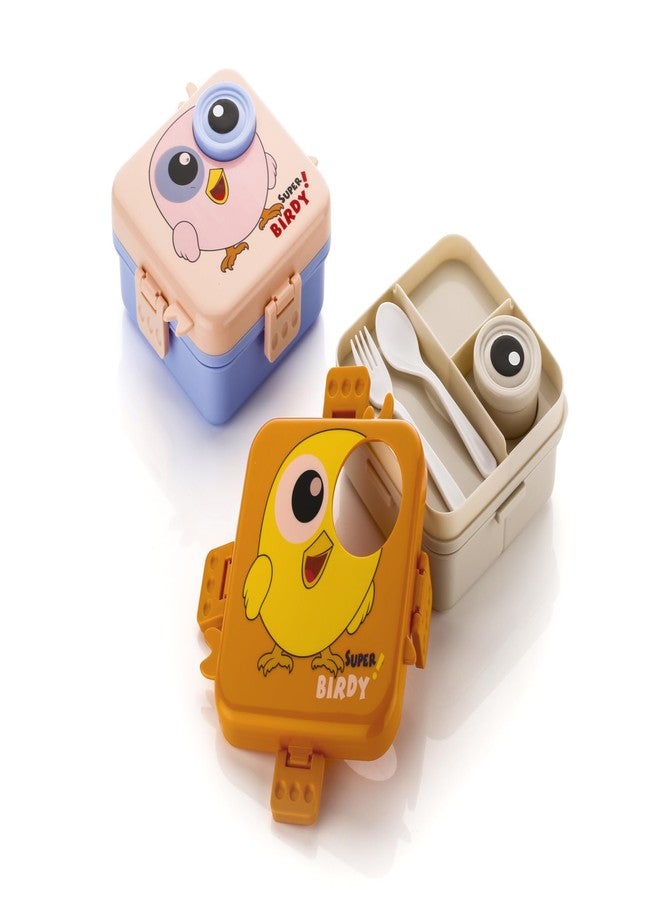 Clazkit 3-Compartment Birdy Printed Design Lunch Box - Leak-Proof & BPA-Free Bento Box with Platic Tray, Spoon & Container for School, Office, Travel - 1120ml + 70ml, Light Pink - Image 4